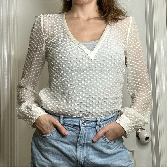 Beyond Vintage Swiss Dot V-Neck Long Sleeve Sheer Silk Top in White - Small - Picture 2 of 16